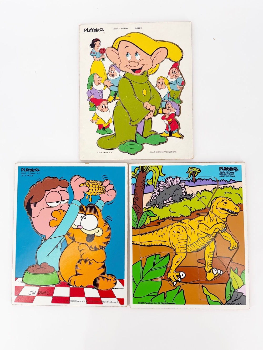 Vintage Playskool Wooden Puzzles Dinosaur Garfield Snow White